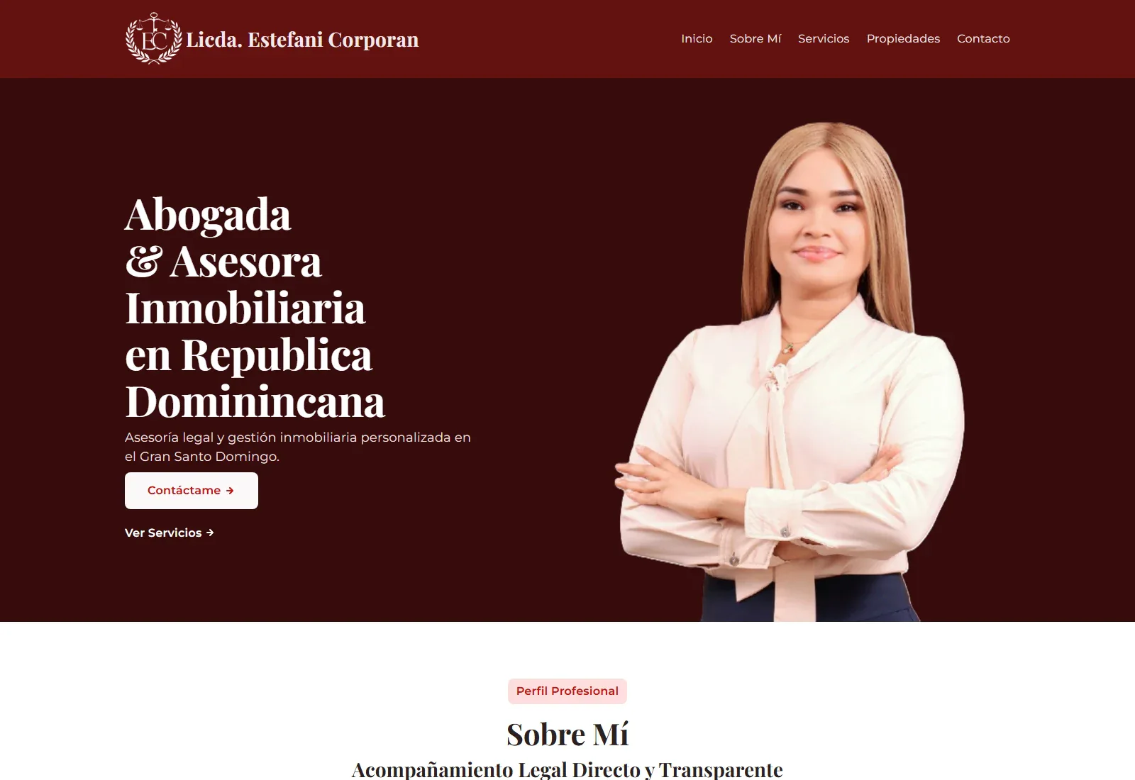 Estefani Corporán website homepage presenting her legal and real estate services in the Dominican Republic