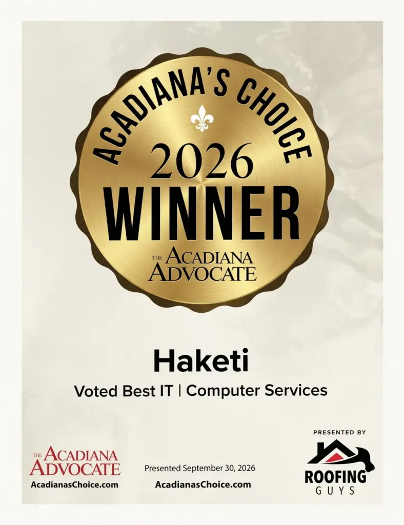 Certificate of Haketi as the Best IT and Computer Services in Acadiana in 20206