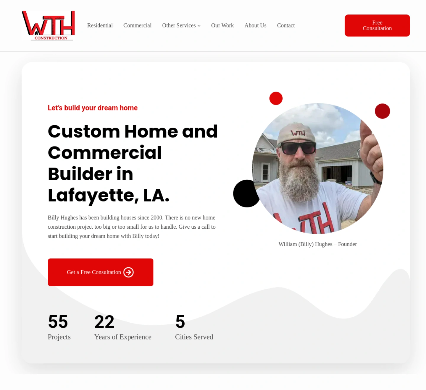 WTH Construction homepage showcasing residential and commercial construction services.